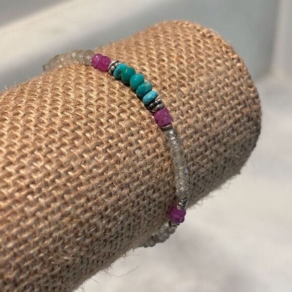 Sterling Silver Stone Mix Moonstone Turquoise & Coral Adjustable Bracelet OS - Picture 2 of 3